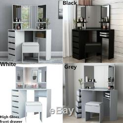 Modern Corner Dressing Table Makeup Desk with5 Drawers & 3 Mirrors & Stool Bedroom
