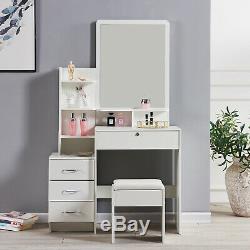 Modern Dressing Table Jewelry Makeup Desk withMirror, Shelf, Stool & 4 Drawers White