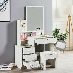 Modern Dressing Table Jewelry Makeup Desk withMirror, Shelf, Stool & 4 Drawers White