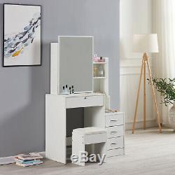 Modern Dressing Table Makeup Desk with4 Drawer&Sliding Mirror Stool White Bedroom