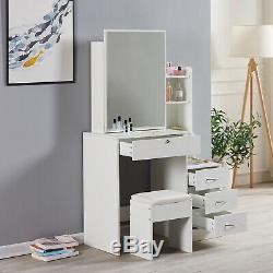 Modern Dressing Table Makeup Desk with4 Drawer&Sliding Mirror Stool White Bedroom