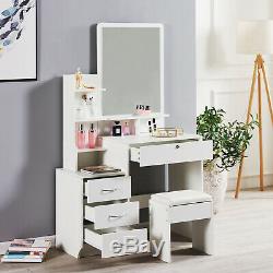 Modern Dressing Table Stool Bedroom Vanity Set Makeup Desk With Mirror & 4 Drawers