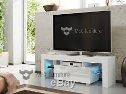 Modern TV Unit 130cm Cabinet White Matt and White High Gloss Doors FREE LED