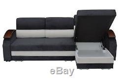 NEW Corner Sofa Bed with 2 Storages, Black and White soft Fabric