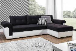 NEW Corner Sofa Bed with Storage, Black Fabric + White Leather. Contemporary