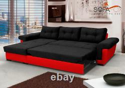 NEW Corner Sofa Bed with Storage, Black Fabric + White Leather. Contemporary