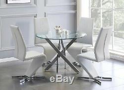 NOVARA Chrome Round Glass Dining Table And 4 Black White Grey Dining Chairs