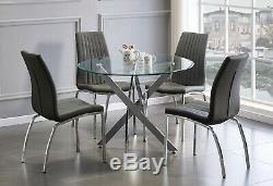 NOVARA Chrome Round Glass Dining Table And 4 Black White Grey Dining Chairs