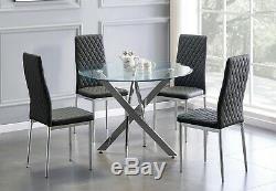 NOVARA Chrome Round Glass Dining Table and 4 Milan Faux Leather Dining Chairs
