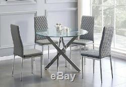 NOVARA Chrome Round Glass Dining Table and 4 Milan Faux Leather Dining Chairs