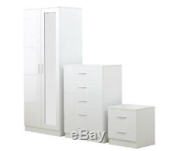 New White Gloss 3 Piece Trio Bedroom Wardrobe Set Wardrobe + Chest + Bedside