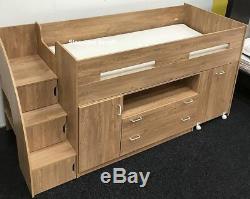 Oak Or White Supreme Midsleeper Beds Cabin Bed With Desk & Storage Reversible