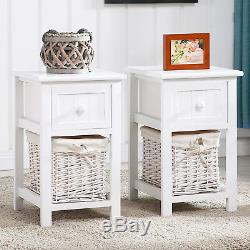 Set of 2 Wooden Shabby Chic White Bedside Tables Units Drawers W/Wicker Storage