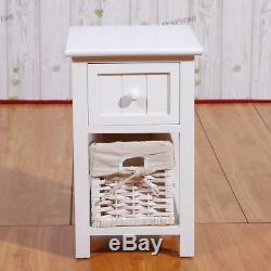 Pair of Wooden Bedside Tables Shabby Chic White Drawers & Wicker Basket Cabinet