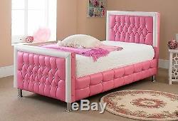 Princess Girls Pink & White Faux Leather Diamante Bed 3ft Best Price UK Made