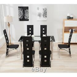 Rectangle Glass Dining Table and High Back Faux Leather Black 4/6 Chairs Sets