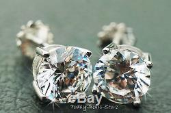 Round Cut screw-back basket stud earrings solid real 14K WHITE GOLD 4CTW Carats