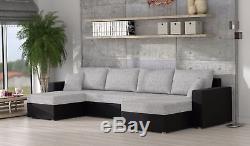 Rumba fabric & leather u-shaped corner sofa bed settee storage, black grey white