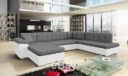 Scafati fabric & leather corner sofa, bed, black grey white