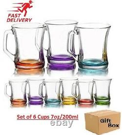 Set of 6 Coloured Glass Tea Coffee Cappuccino Cups Hot & cold Drink Mugs Gift