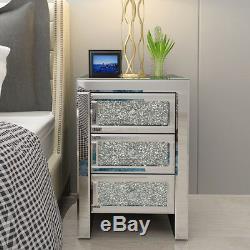 Sparkling Mirrored Glass 3 Drawers Crushed Crystal Diamond Bedside Cabinet Table