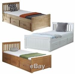 Storage Bed with Drawers White Wooden Pine Single Bed