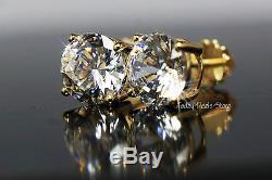 Stud earrings huge brilliant round cut white real solid gold 14k 4.00 CTW