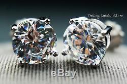 Studs Earrings Solid 14k White Gold 4.0 CT Round Brilliant Cut Basket Screw Back