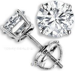 Studs Earrings Solid 14k White Gold 4.0 CT Round Brilliant Cut Basket Screw Back