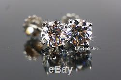 Studs Earrings round cut pierced solid Genuine real 14K white real gold 4 carat