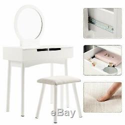Vanity Dressing Table Set Makeup Desk Dresser Stool Drawer Round Mirror White UK