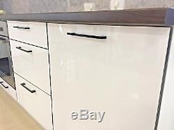 WHITE HIGH GLOSS Kitchen 7 Units on Legs Cabinets Set Black Rim Soft Close 240cm