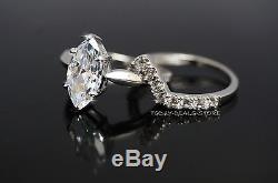 Wedding Engagement rings set Matching Marquise cut white solid real gold 14k