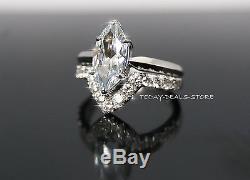 Wedding Engagement rings set Matching Marquise cut white solid real gold 14k