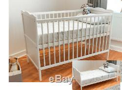 White Baby Cot Bed & Cotbed Deluxe Mattress, Converts into a Junior Bed