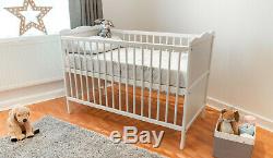 White Baby Cot Bed & Cotbed Sprung Mattress, Converts into a Junior Bed