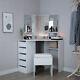 White Corner Dressing Table Set With Mirror Stool Make Up Desk Chair 5 Drawers