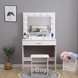 White Dressing Table Makeup Desk withLED Lighted Mirror&Drawer, Stool Bedroom