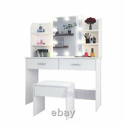 White Dressing Table Makeup Vanity Desk with 2 Drawers Mirror Stool LED Light Set