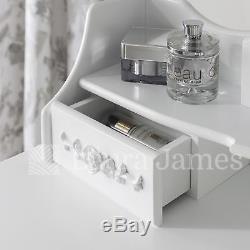 White Dressing Table Mirror & Stool Set 7 Drawer Dresser