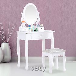 White Dressing Table Wood 360° Mirror Makeup Desk Stool with 3 Drawers Furniture