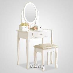 White Dressing Table Wood 360° Mirror Makeup Desk Stool with 3 Drawers Furniture