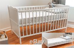 White FULL SIZE Cot Bed 140 x 70cm & Cotbed Mattress, Converts into a Junior Bed