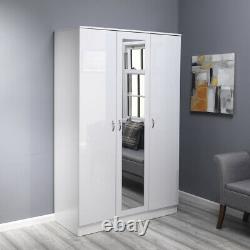 White Gloss 3 Door Triple Mirrored Wardrobe. Full length hanging rail & shelves