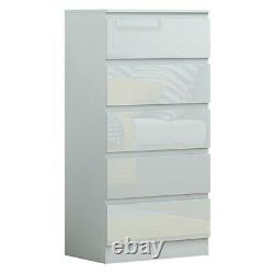 White Gloss Chest of 5 Drawers Modern Style 121.5cm Tall. White Bedroom Furniture