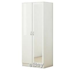 White High Gloss 2 Door Mirrored Wardrobe Bedroom Furniture. Wood Effect Frame