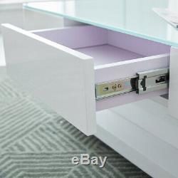 White High Gloss Coffee Table Tempered Glass Top with 2 Drawers Living Room