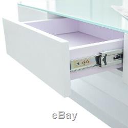 White High Gloss Coffee Table Tempered Glass Top with 2 Drawers Living Room