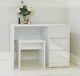 White Mirrored Three Drawer Dressing Table With Stool Bedroom