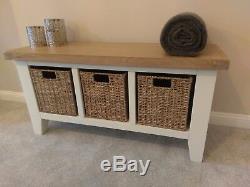 White Painted Oak Hall Bench / Monks Hallway Seat / Porch Shoe Storage Cabinet